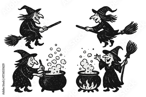 Witches' Enchanted Flight. Amusing fantasy artwork with witches, cauldrons, and flying brooms in black and white isolated