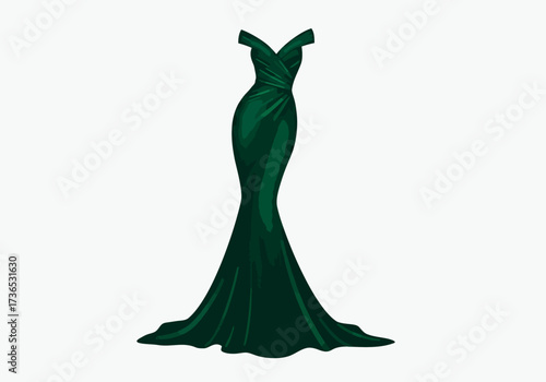 Elegant Emerald Green Evening Gown with Off-Shoulder Neckline.