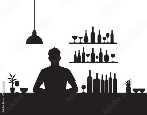 Silhouette of bartender at bar with bottles and glasses