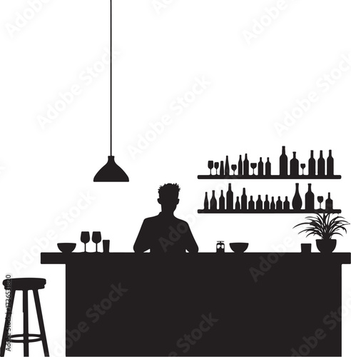 Silhouette of bartender at bar with bottles and glasses