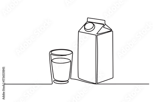 Continuous one line glass of milk and milk package. Single line milk and carton box, organic food concept. one line Icon drawing with white background
