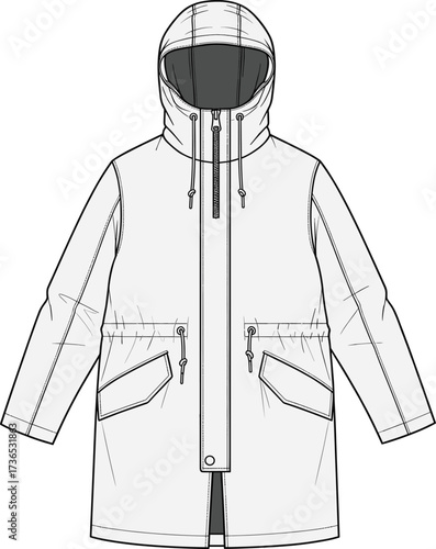 Parka jacket illustration, hooded outerwear sketch, zipper and snap closure, flap pockets design, fashion garment vector, technical apparel drawing