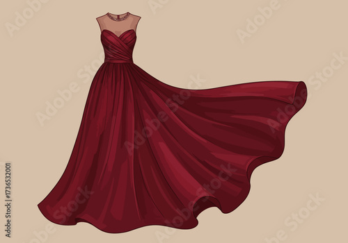 Elegant Burgundy Gown with Sheer Neckline and Flowing Skirt.