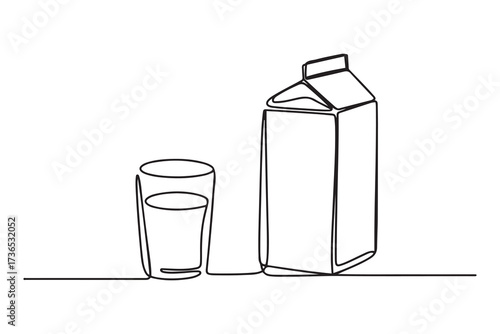 Continuous one line glass of milk and milk package. Single line milk and carton box, organic food concept. one line Icon drawing with white background