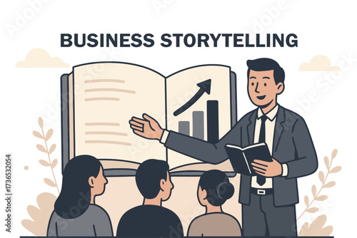 Businessman presenting business storytelling with growth chart on open book