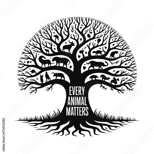 Symbolic Tree of Life Representing Animal Rights and Environmental Awareness with Silhouette Animals and "Every Animal Matters" Message