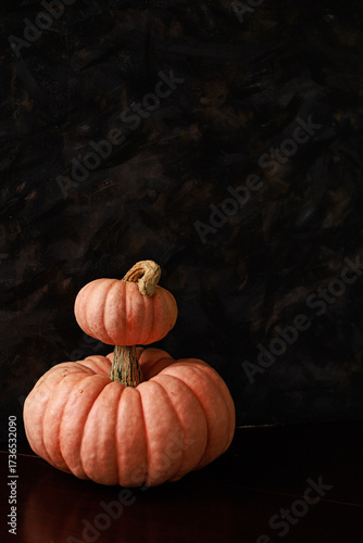 Small pumpkin stacked on large one against dark wall. Concept of seasonal poster, festive advertising and holiday decoration.