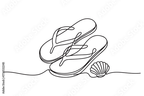 Flip flops beach in one continuous line drawing, Flip flops thong sandals single line art style. one line Icon drawing with white background