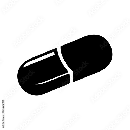 A minimalist black and white illustration of a capsule pill on white background