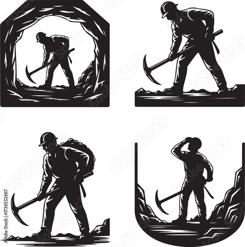 Miner working with pickaxe in cave and landscape mining
