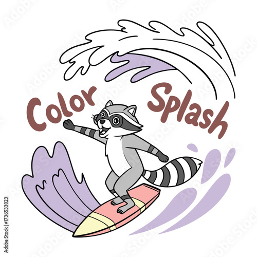 Vibrant Street Waves — Dynamic Raccoon on Spray Paint Surf, Cartoon Style