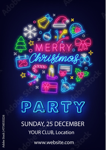 Merry Christmas party neon flyer. Vertical poster. Season event. Holiday banner. Vector stock illustration