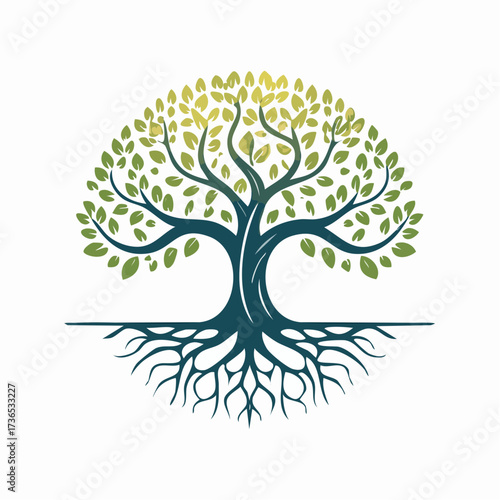An Artistic Illustration of a Tree with Roots and Foliage within a Circular Shape