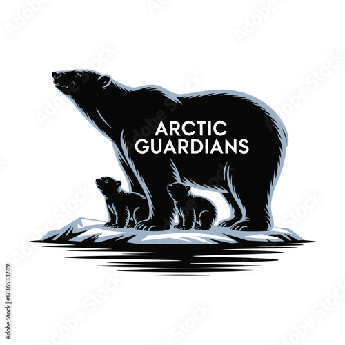 Polar Bear Family Graphic Black and White Arctic Guardians Logo