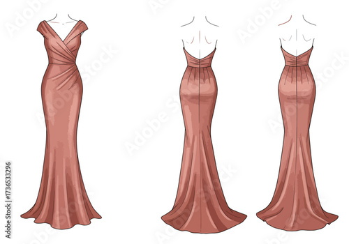 Illustration of a Formal Gown with V-Neck and Mermaid Silhouette in Rose Gold.