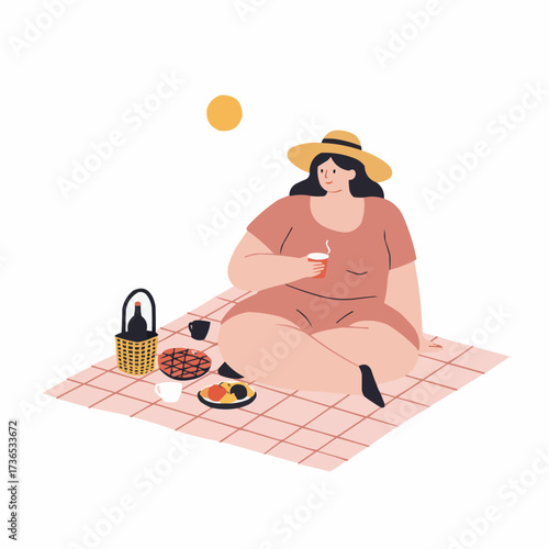 Woman enjoying picnic on blanket with food and drink in summer  