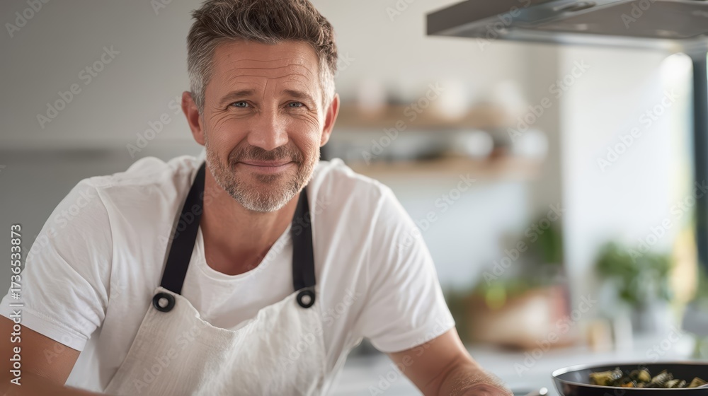 © Siarhei - A portrait of a smiling middle-aged man in an apron. © Siarhei - A portrait of a smiling middle-aged man in an apron.
