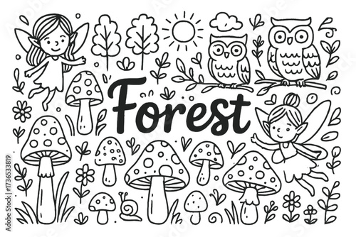 Enchanted Forest Doodle. Doodle enchanted forest with mushrooms, fairies, and owls, center word “Forest” in black and white
