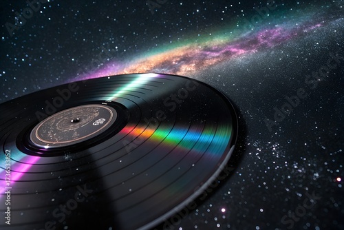 Vinyl record in outer space with colorful nebula and stars creating a cosmic music experience