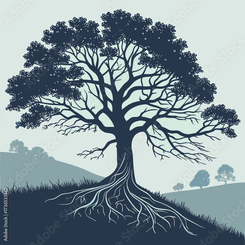 Silhouette of a large tree with roots on a hill, nature illustration
