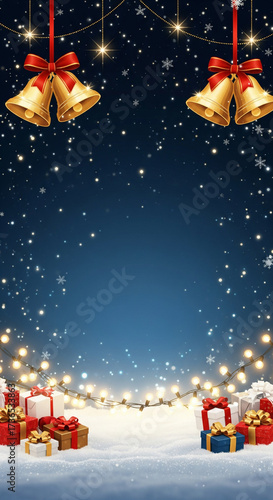 Magical Christmas night scene with golden jingle bells, glowing lights, and festive gift boxes in the snow