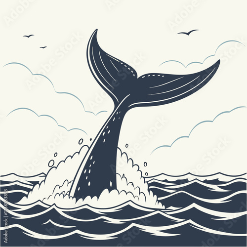 Whale tail emerging from the ocean with birds in an illustration