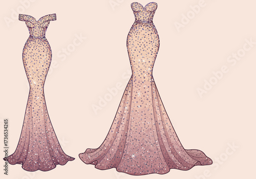 Two Elegant Evening Gowns with Sparkling Embellishments and Mermaid Silhouette.