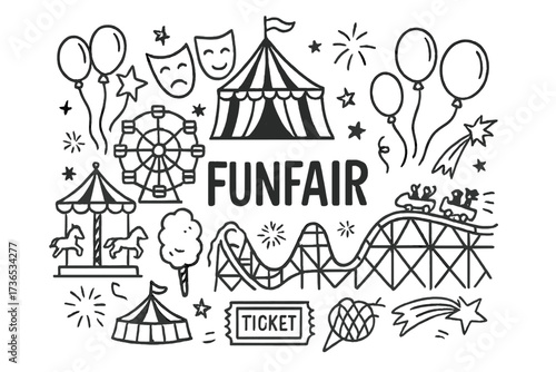 Circus Funfair Extravaganza. Hand-drawn circus funfair with rides, masks, and balloons, center word “Funfair” in black and white