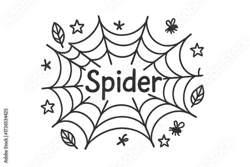 Spider Web Doodle. Doodle spider web with stars, leaves, and tiny flies, center word “Spider” in black and white isolated