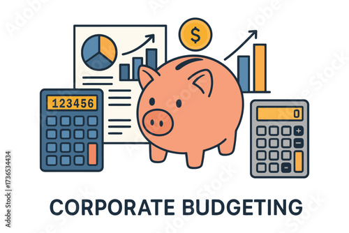 Piggy bank and calculators illustrate corporate budgeting and financial planning