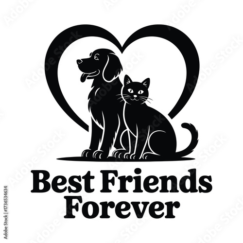 Dog and Cat Silhouette in Heart Best Friends Forever Graphic