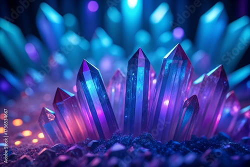 Close up of glowing purple and blue crystals with soft bokeh lights in the background