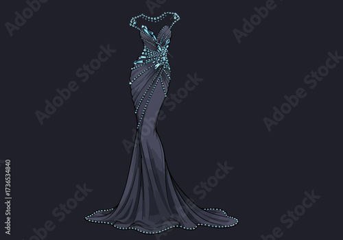 Elegant Dark Gown with Teal Crystal Embellishments.