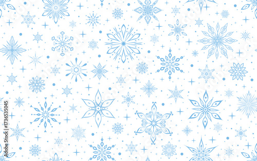 Winter seamless pattern. Festive background with blue snowflakes and stars on a white. For Christmas and New Year decorations, wallpaper, wrapping paper, fabric, or digital backgrounds.