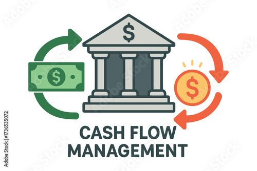 Financial concept of cash flow management with bank and money symbols