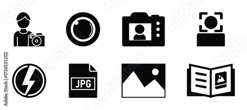 Set of Photography Icons in Black Style – Camera, Photographer, Lens, Portrait, Image, Gallery, and File Format Symbols