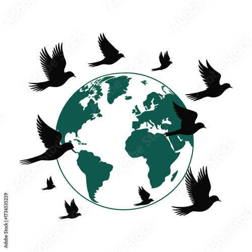 Global Peace Concept Silhouettes of Birds Flying Around the World