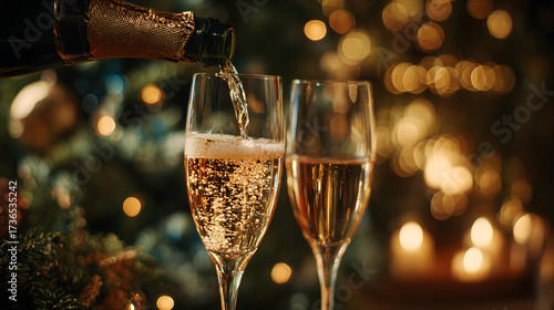 New year 2026 celebration with sparkling champagne poured into glasses, bokeh christmas lights in the background, new year greeting card, christmas