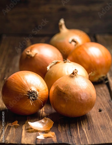 Fresh onions on a wooden board