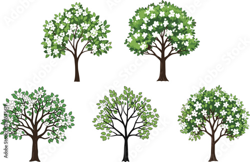 White flowering tree icon set, cartoon nature clipart, foliage variation illustrations, botanical growth graphics, vector seasonal design bundle