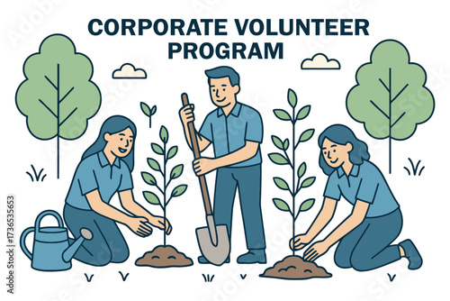Corporate volunteer program employees planting trees in community park