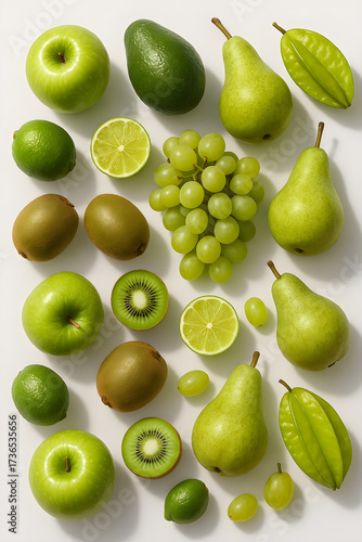 Green fruits top view for a green diet: apples, pears, kiwis, and grapes for healthy eating and weight loss