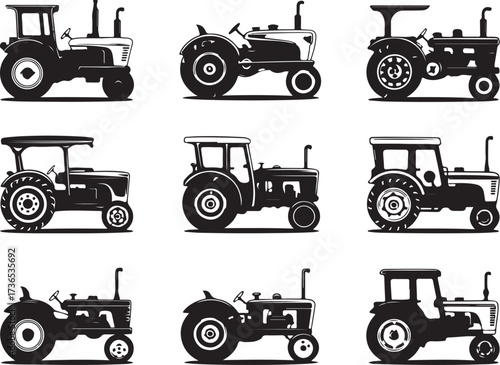 Classic tractor silhouettes, farm equipment collection
