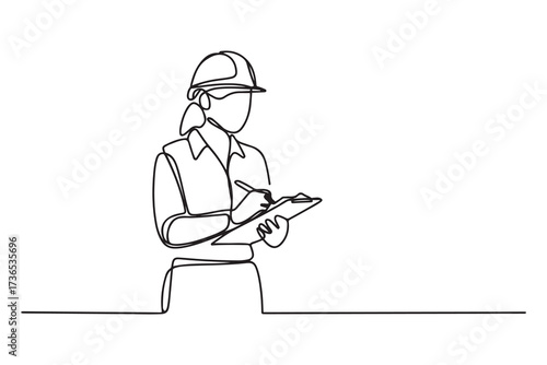 Continuous line drawing of young female architect engineer worker standing write business note on paper at clipboard wearing safety helmet. one line Icon drawing with white background