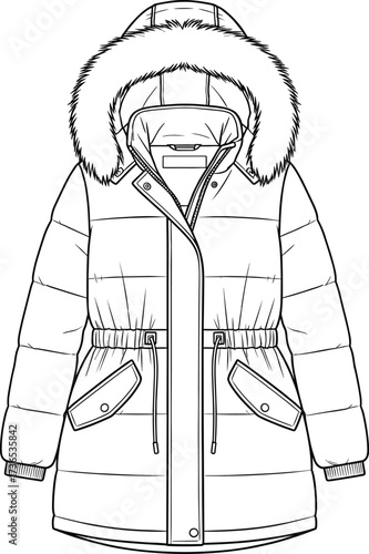 Winter coat technical fashion illustration, hooded outerwear sketch, quilted jacket design, garment construction vector, cold weather apparel blueprint