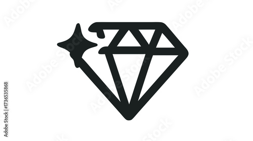 Black outline diamond icon with sparkling light effect. Simple graphic vector illustration of a precious gem or jewel, isolated on white.