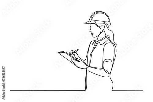 Continuous line drawing of young female architect engineer worker standing write business note on paper at clipboard wearing safety helmet. one line Icon drawing with white background