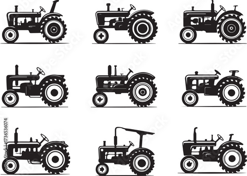 Classic tractors icon set, farm equipment history