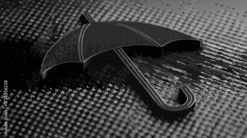 Elegant black umbrella providing protection from falling rain droplets, a conceptual symbol for security, insurance, and risk management.