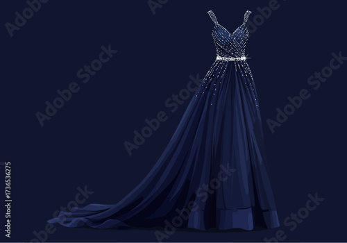Elegant Navy Blue Gown with Sparkling Embellishments and Flowing Train.